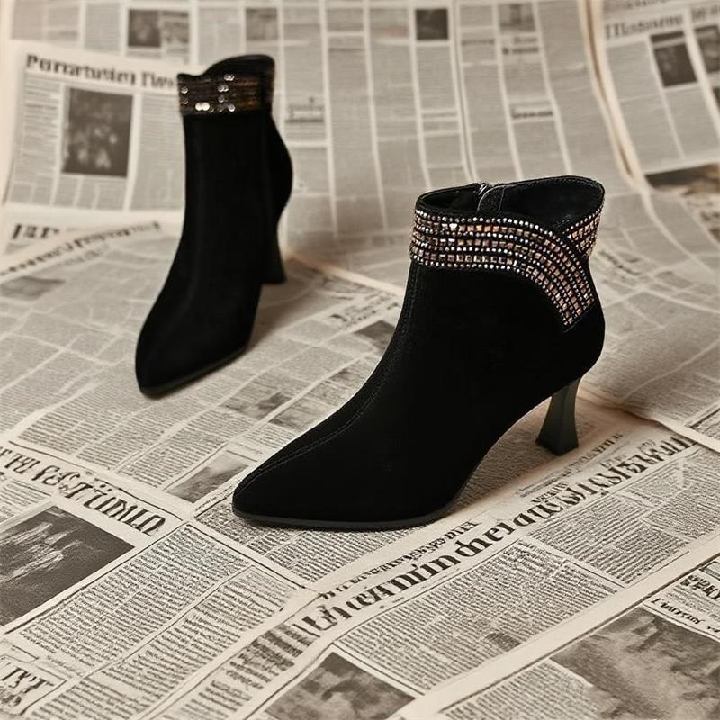 Comfortable high-heeled boots, bright diamond matte fine-heeled short boots, new thick-heeled temperament suede leather shoes