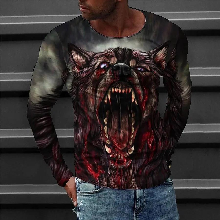 2023 Autumn Plus Size O-Neck Long Sleeve T-shirt Men's Clothing Men's T-shirt 3D Animal Print Top Casual Street Vintage T-shirt