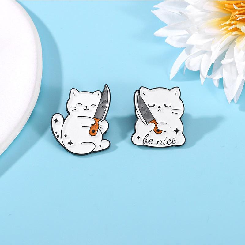 Cute Cartoon White Cat Small Knife Dagger Enamel Brooch Creative Animal Lapel Pin Badge Backpack Clothing Hat Accessories