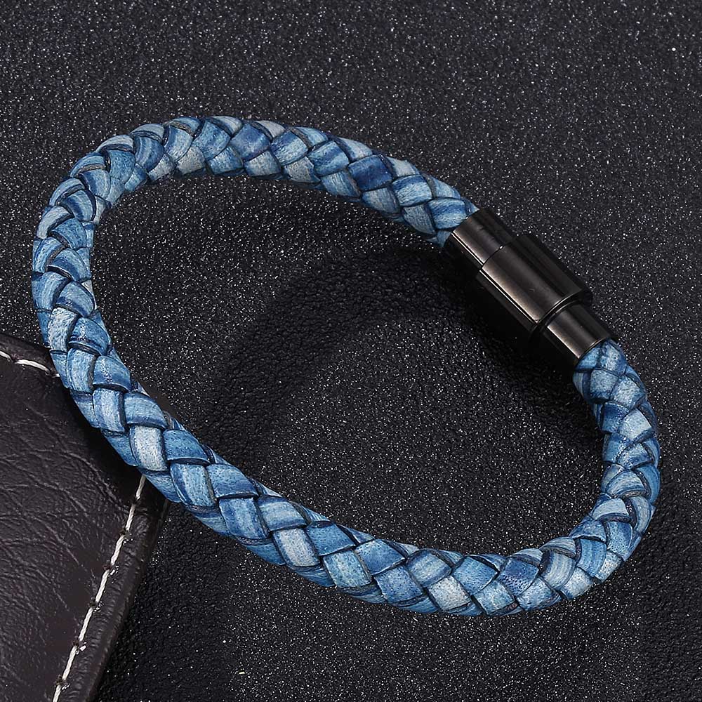 Vintage Herren Blaues Lederarmband Charm Edelstahl Schnalle Armreifen Schmuck Geschenk