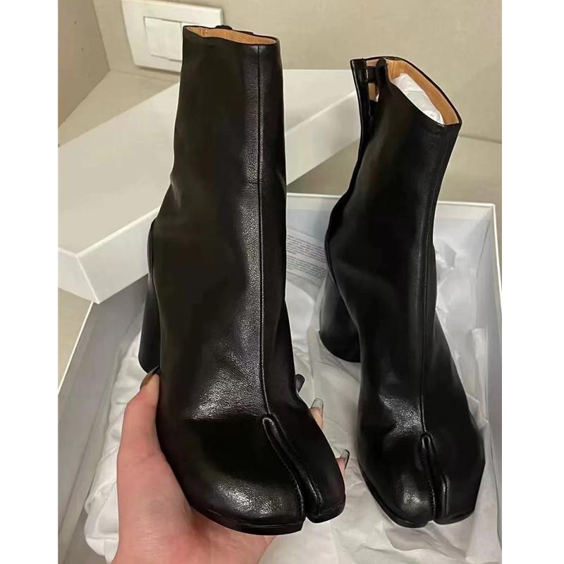 2026 Autumn Winter Soft Leather Split Toe Tabi Women Ankle Boots Zip Thick High Heels Chelsea Chunky Shoes Short Booties