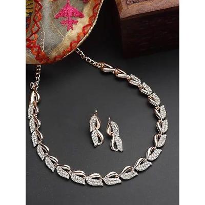 Women American Diamond Studded Intrcately Designed Leaf Shaped Necklace With Earring Jewellery