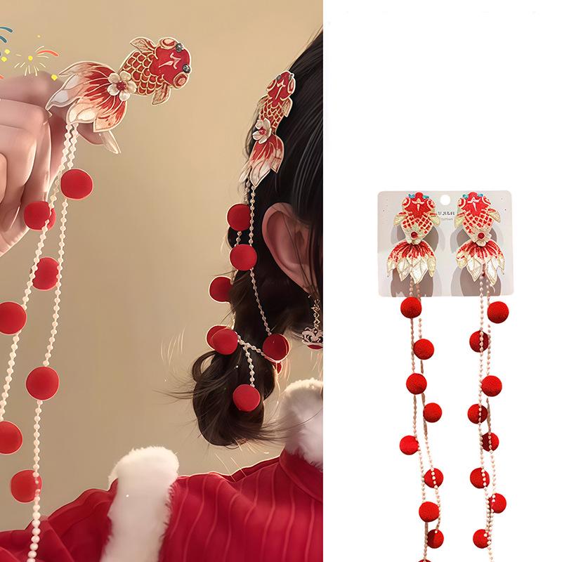 Exquisite Chinese Style Hair Clip: Knitted Pom-Pom with Zircon, Koi Fish, Flowers & Tassels