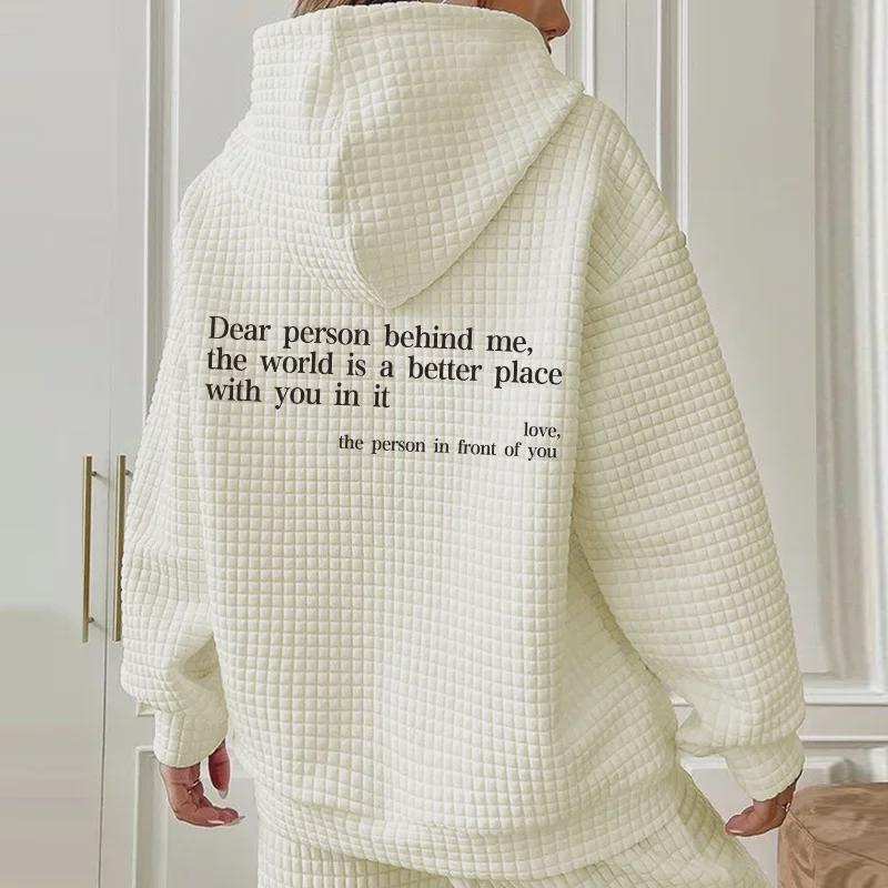 Women's Waffle Knit Hooded Sweatshirt with Letter Print - Loose Fit, Long Sleeves, Autumn/Winter Style  