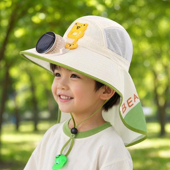 Kids Sun Cap with Built-in Solar Fan, Wide Brim Sun Protection Cooling Hat, Breathable Mesh Fabric Summer Hat with Cartoon Pattern, Shawl Design