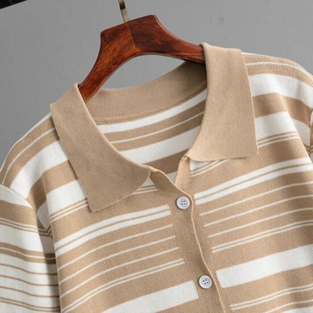 Navava Nk2937 Striped Collar Short Sleeve Knit Pants Two Piece Set