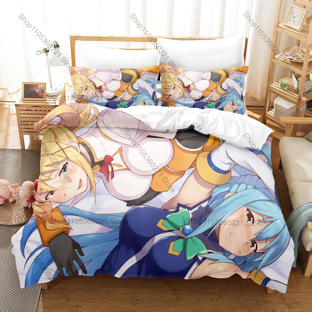 KonoSuba Bright Colorful Isekai Fantasy Hilarious Adventure Mage Goddess Knight Anime Bedding Set Duvet Cover + 2 Pillowcases