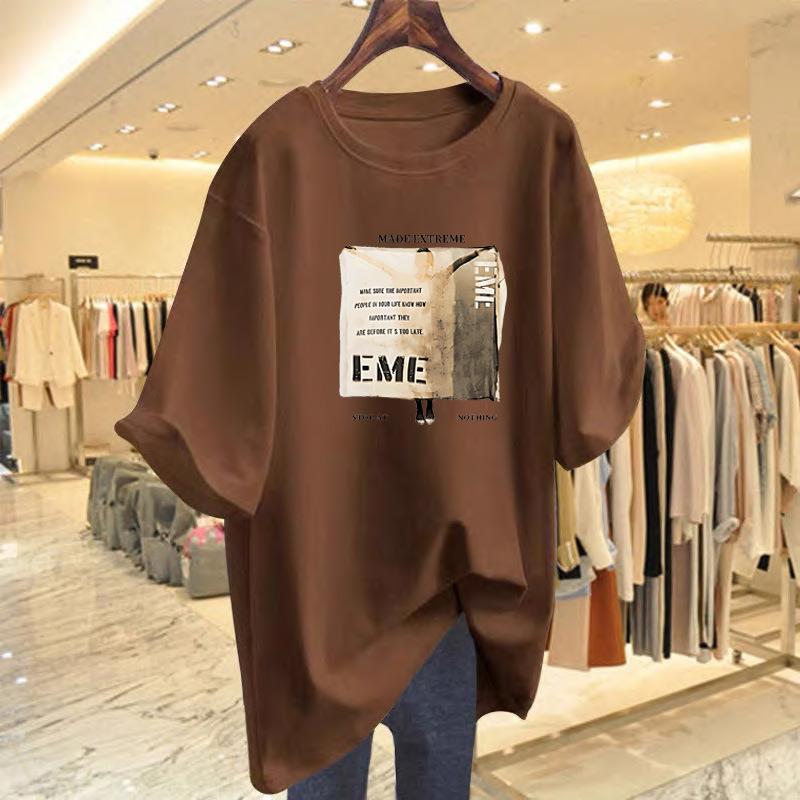 

Trendy brand short-sleeved women s T-shirt summer 2025 new medium and long over-the-hip lower clothes missing top large-size women s clothing XXXL