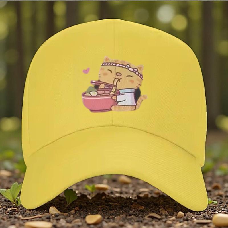 Cute Cat Eating Noodles Trucker Hat Adjustable Snapback Cap Casual Outdoor Anime Style