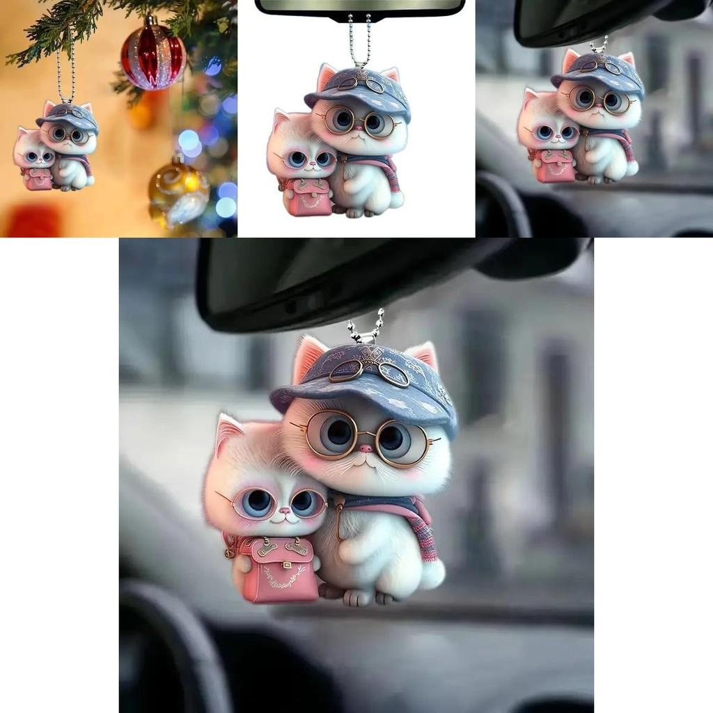 Acrylic Flat Surface Couple Cat Car Pendant With Hat Cute Decor For Auto Interior Enthusiasts