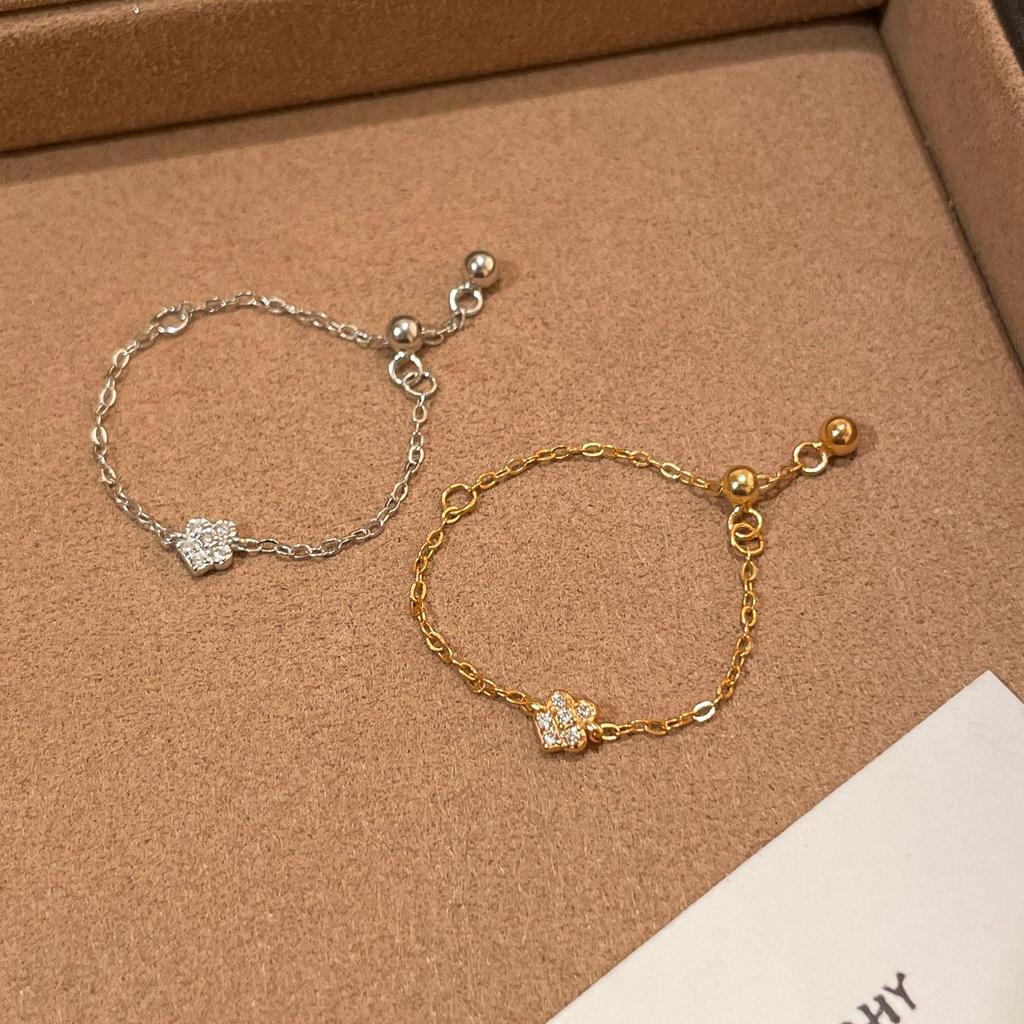 Eleganter verstellbarer Fünf-Blatt-Blumen Zirkon-Kettenring, S925 Sterlingsilber mit 18K Golddesign.