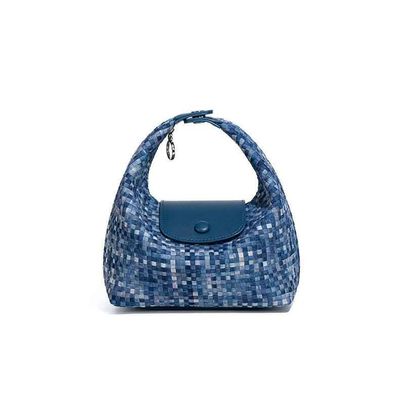 

Summer new denim woven bag splicing hand carry lunch box bag commuting large capacity dumpling bag shoulder messenger bag