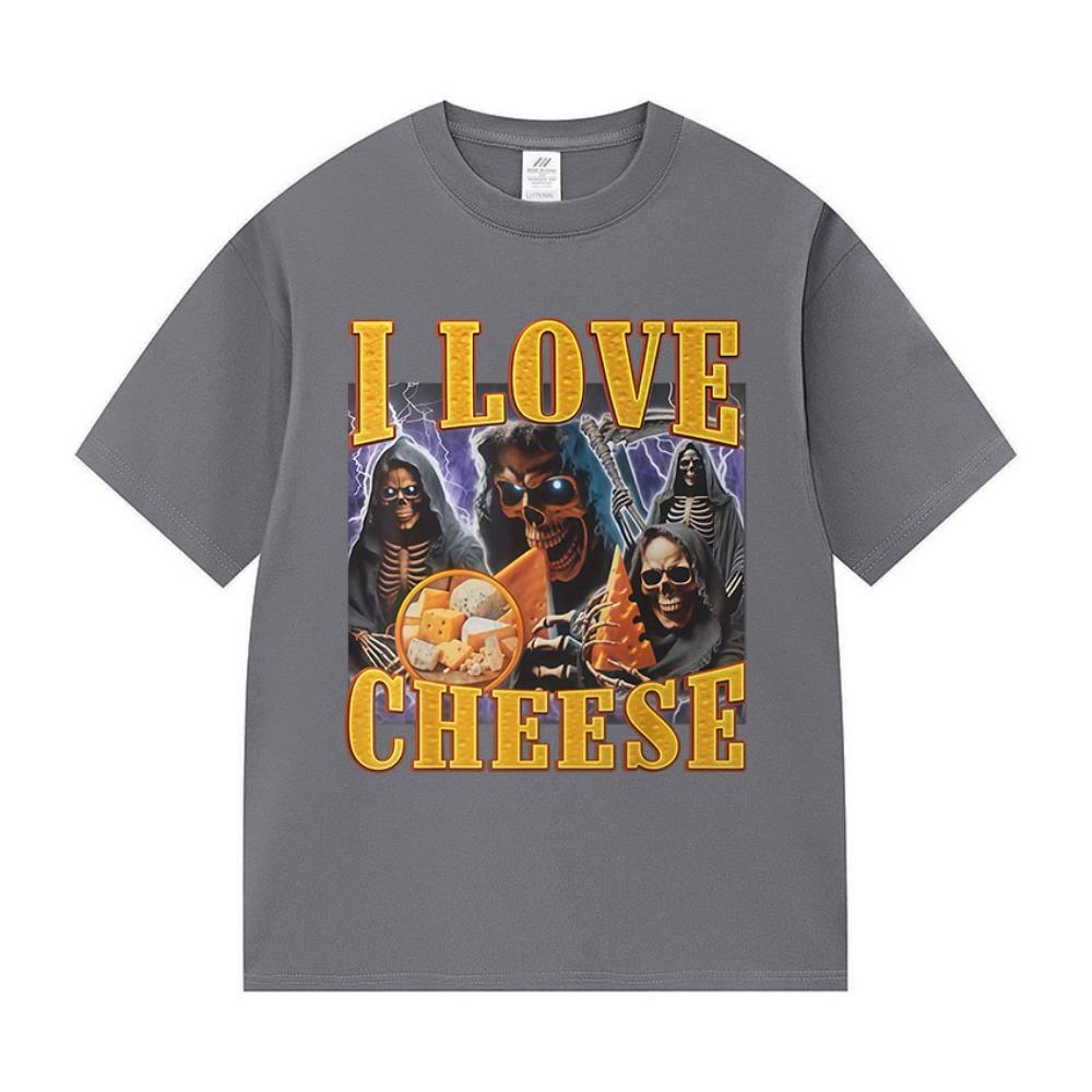 Lustige Ich Liebe Käse Skelett Grafik T-Shirts Herren Damen Vintage Harajuku Kurzarm T-Shirt Sommer Baumwolle Tops