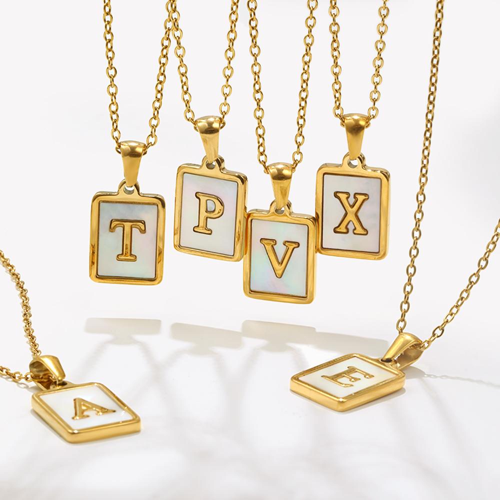 E.B.belle Minimalist Mother of Pearl Shell Stainless Steel Tarnish Free Initial Necklace Gold Plated Letter Necklace for Women