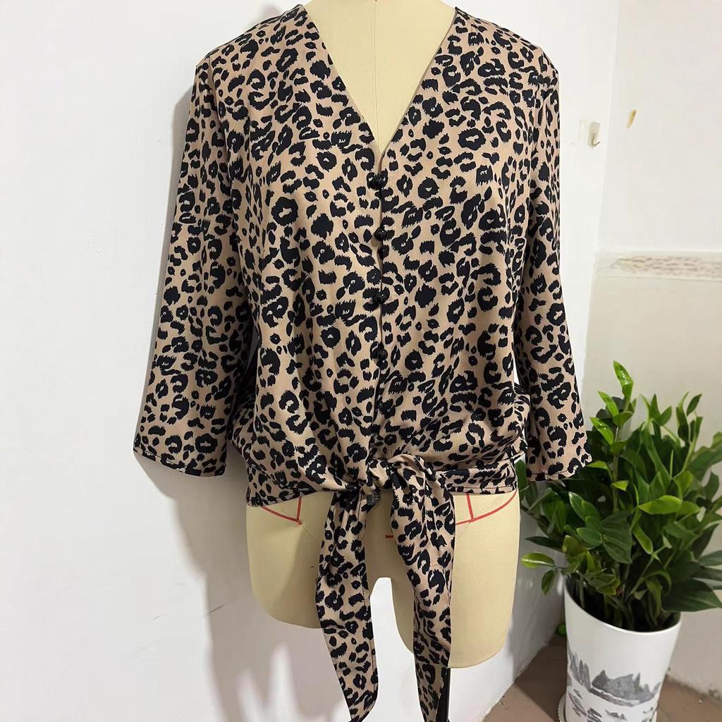 Women's Three Quarter Sleeve Blouse V Neck Elegant Chiffon Top Tie Knot Beach Vacation Shirt