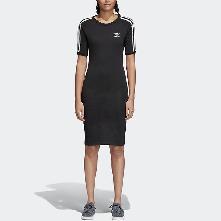 adidas Originals 3-Streifen Kleid Mit Logo-Print Sport Slim Fit Atmungsaktiv Rundhals Kurzarm Kleid Damenkleider Schwarz CY4748