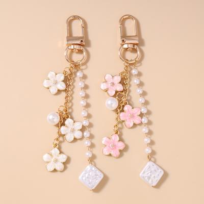 Chaveiro de Flor de Esmalte da Moda Mulheres Meninas Pingente de Argola de Chave de Pérola para Bolsa Chaveiro DIY Joias Presente