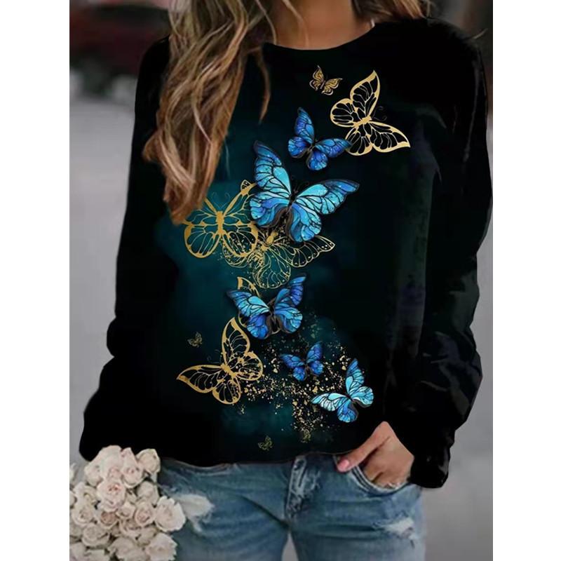 Butterfly Floral T-Shirts 3D Print Women Round Neck Long Sleeve T Shirt Streetwear Pullover Harajuku Tees Tops Female Clothing S