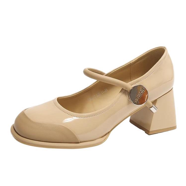 Blockabsatz Ein-Wort-Riemen Mittelhoher Absatz Mary Janes Vielseitige High Heels Kleine Lederschuhe 2025 Frühling Neu Lackleder Runde Spitze Einzelne Schuhe