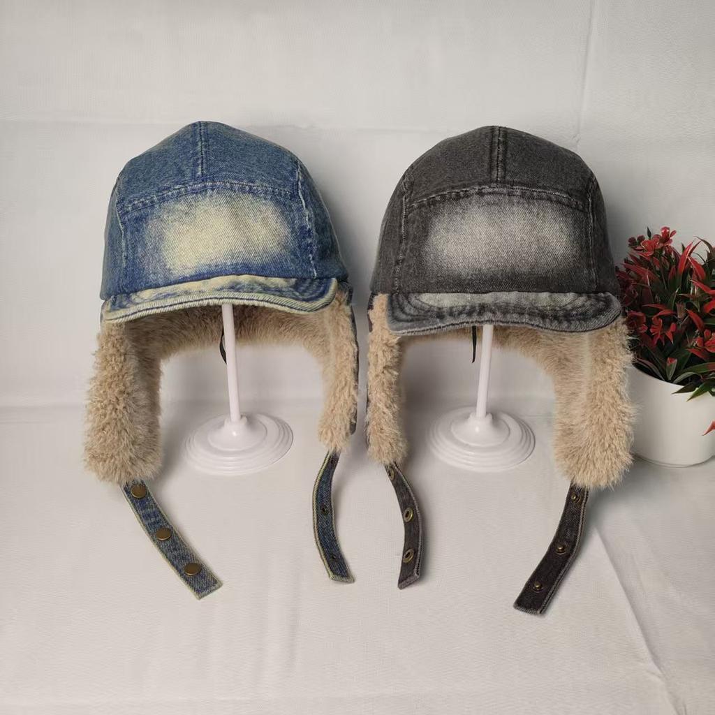 Schwere Industrie gewaschener Denim rauchgrau weicher Schirm Lei Feng Mütze Winter verdickt Lammwolle modisch nordöstlicher Gehörschutz