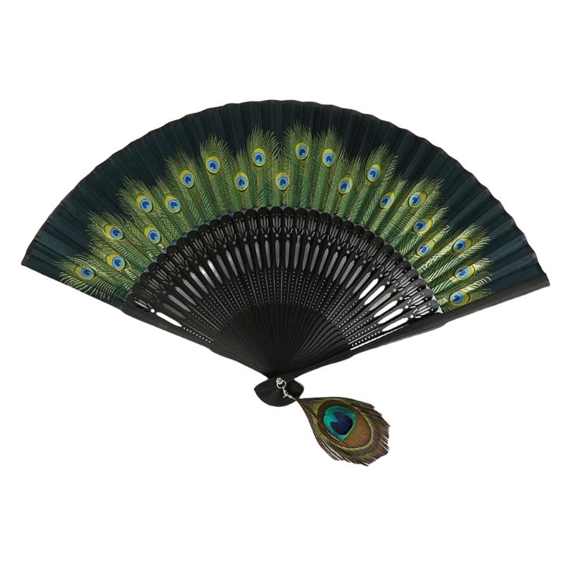 Vintage Feathered Pattern Handheld Fan Wood Folding Fan Vintage Folding Hand Fan for Women Weddings and Dance Parties