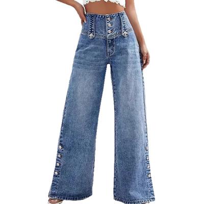 Nowe Damskie Jeansy w Stylu Amerykański Vintage z Wysokim Stanem i Guzikami, Proste Nogawki, Szerokie Nogawki, Codzienne Streetwearowe Jednokolorowe Spodnie Jeansowe do Codziennej Mody