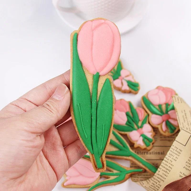 Tulip Rose Sunflower Bouquet Biscuit Embosser Stamp Mold Happy Mother's Day Flower Shaped Cookie Cutters Baking Cake Decor Tools