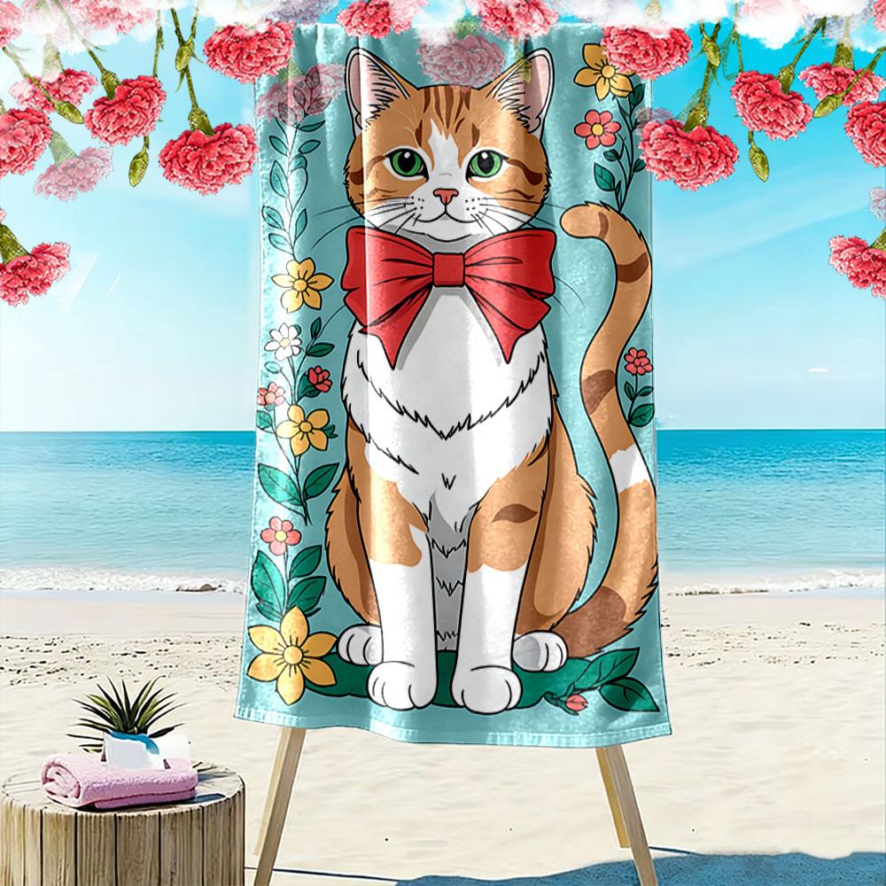 Cat with Red Bow & Flowers A must-have beach towel for beach travel