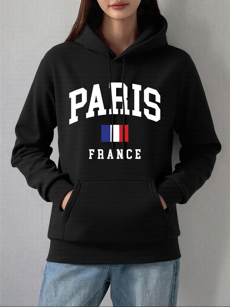 Paris France Flag Printing Hoodies Women Basics Comfortable Sweatshirt Fleece Warm Soft Pullover Casual Pocket Womans Clothes
