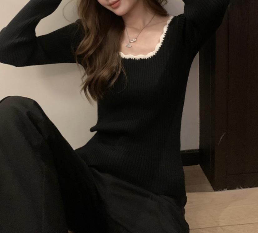 Round Neck Retro Temperament Contrasting Color Slim Fit Base Top Knitted Pullover Sweater