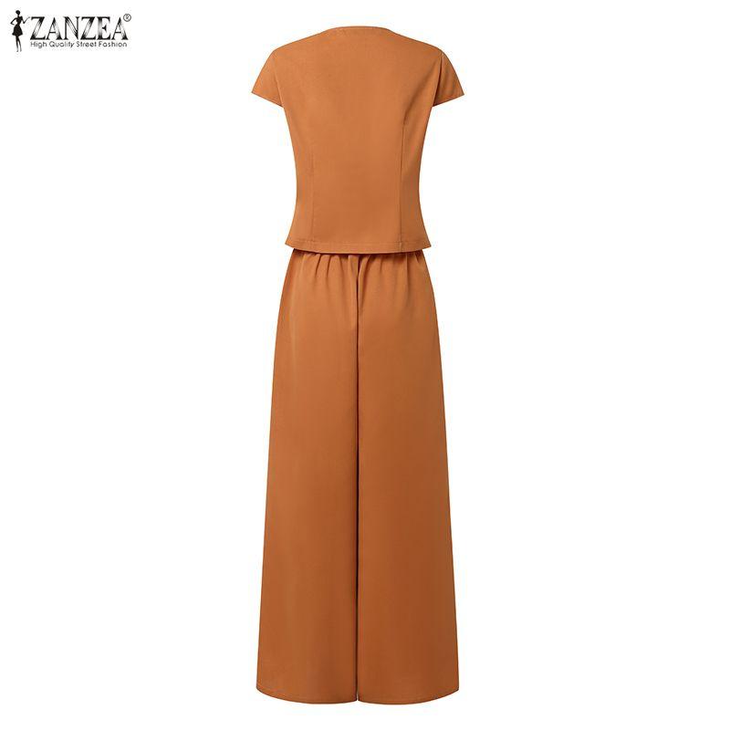 ZANZEA Women Short Sleeve Blouse and Long Pants Casual Two Piece Suit Sets