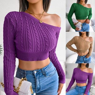 Women's  And Winter Top Casual Fashion Off-the-shoulder Long Sleeve Short Knit Sweater