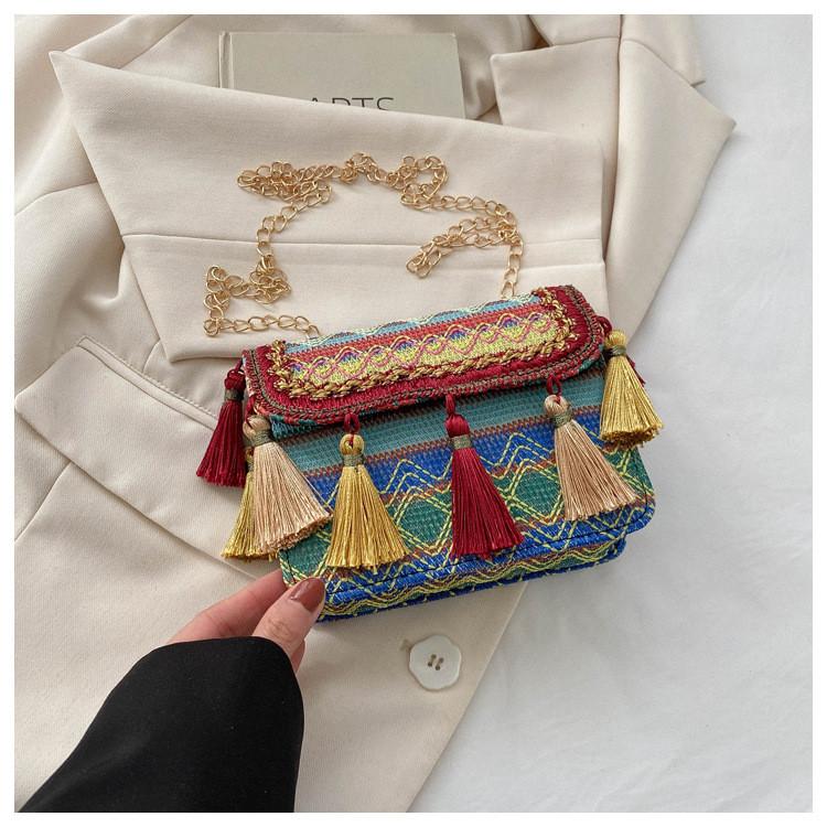 Ethnic Style Fringed Small Square Bag With Chain Strap For Daily Casual Wear
