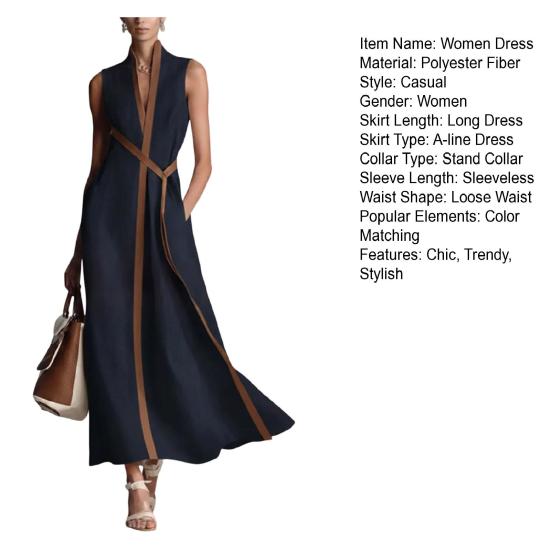 Sommer ärmelloses Kleid für Damen, lässig, Stehkragen, V-Ausschnitt, Maxikleid, fließend