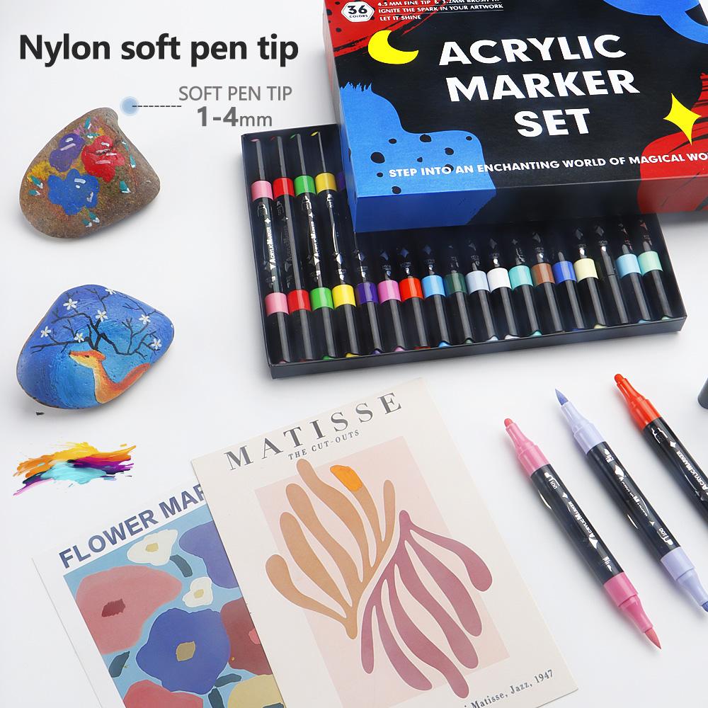 Dual Tip Acrylic Marker Brusht Soft&Round Tip Paint Markers Fade Resistant Durable Acrylic Pen for Canvas Glass Wood