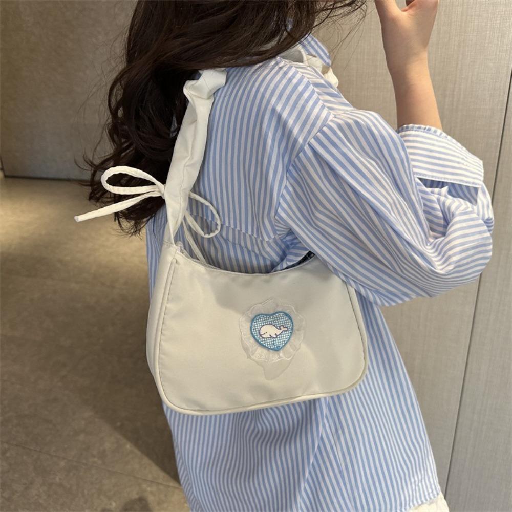 Love Canvas Underarm Bag Bow Hobo Bag Simple Pleated Strap Shoulder Bag  Girls