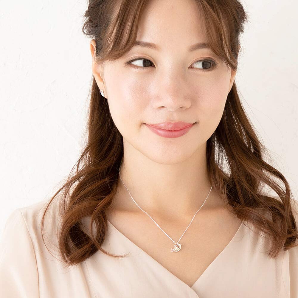 Mirai Tenshi Crescent Moon and Cat Necklace in Pink Silver with Choice of June Birthstone and Blue Moonstone Women's