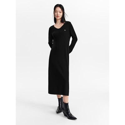 PEACEBIRD Women's V-Neck Knit A-Line Midi Dress