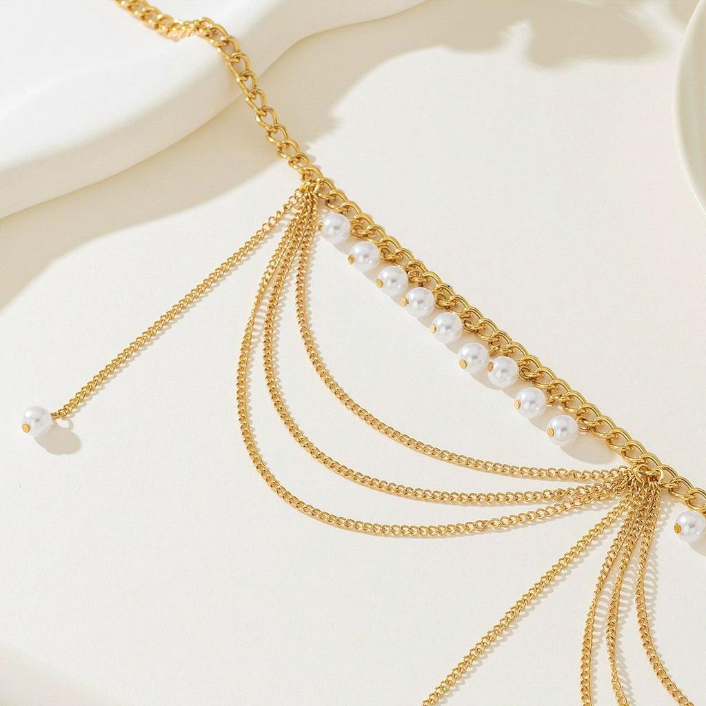 Modetrend literarisches Designgefühl elegante Frau Metallquaste künstliche Perle Perlenanhänger Damen-Hüftkette