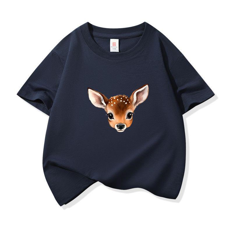 Kids Cotton T Shirt Cute Peeking Deer Print Crew Neck Short Sleeve Tee Casual Breathable Boys Girls Summer Tops