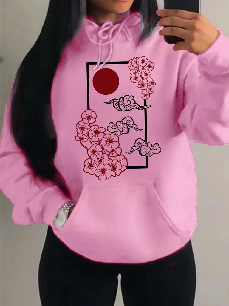 Harajuku Japanese Sunset Cherry Blossom Print Hoodie Women's Autumn Pocket Loose Clothing Casual Pullover Y2K Hoodie Women Top