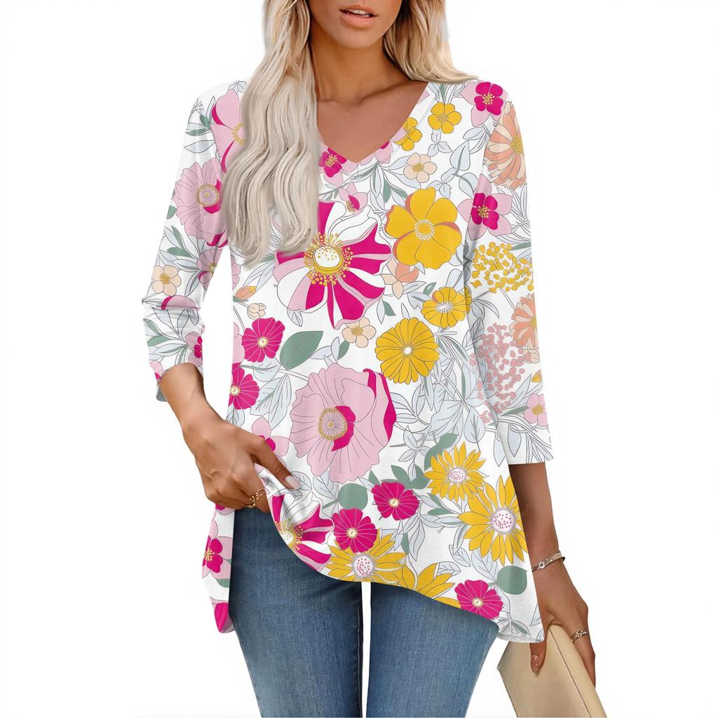 Damen Oberteile V-Ausschnitt 3/4 Ärmel Blusen Lässige Mittellange Hemden Mode Druck Tunika Oberteile