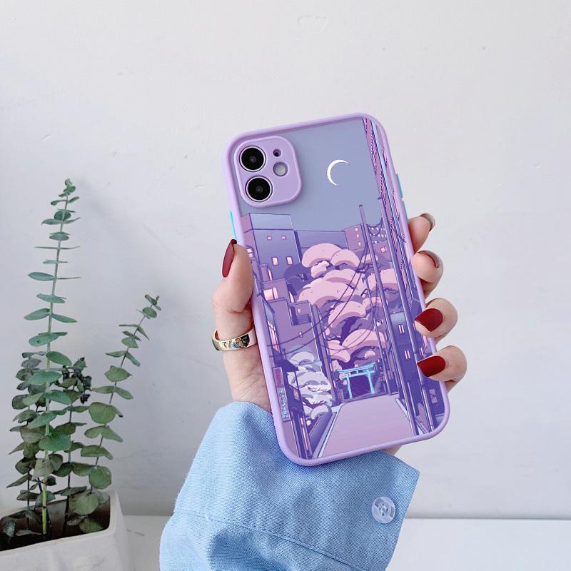 Japan Anime Landscape Phone Case For iPhone 16 11 15 12 14 Pro Max 12 13 Mini 7 8 Plus X XR XS Matte Purple Street View Cover