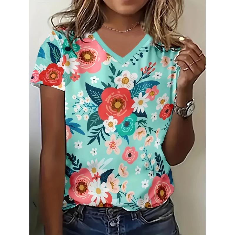 Summer Women Elegant V-Neck Short-Sleeved Maple Leaf Print Short Sleeve V-Neck T Shirt for Women Fashiont-Shirt