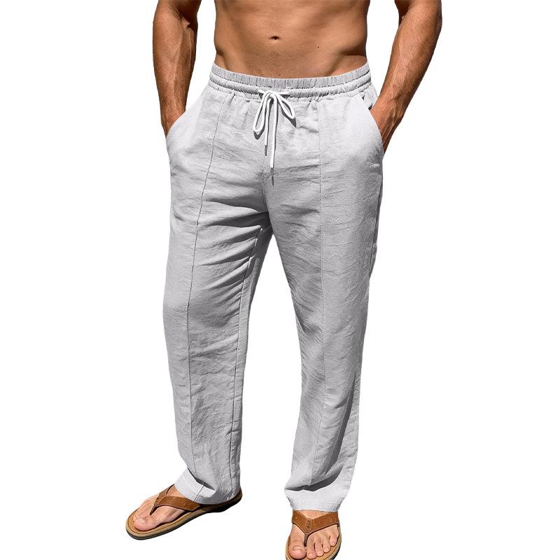 Mens Casual Drawstring Waist Linen-Like Straight Leg Pants S серый