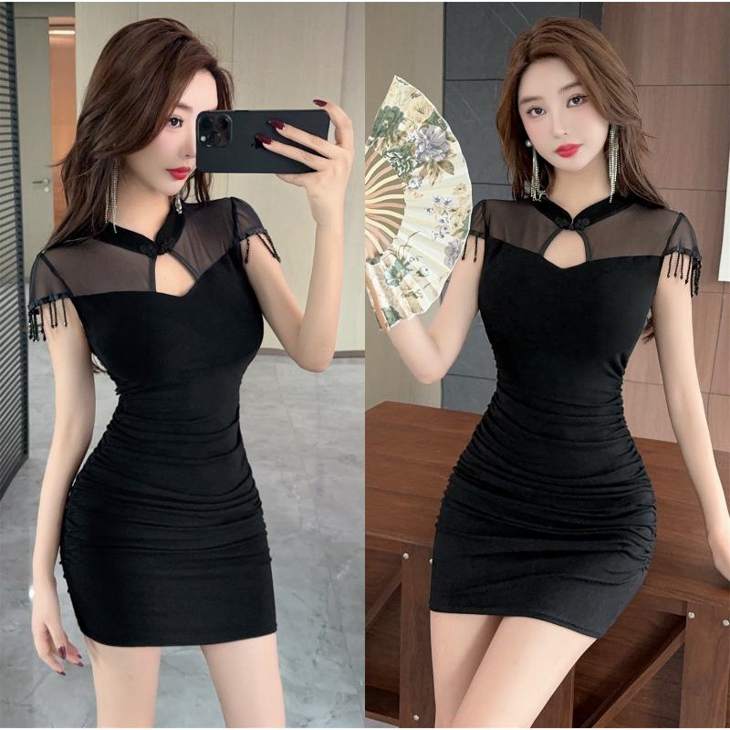Spice girl sexy pure desire mesh stitching knitted improved cheongsam hip-wrapped short dress night technician work clothes