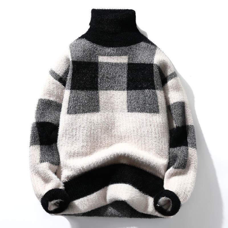

Men s Black White Plaid Turtleneck Knit Sweater Soft Fleece Long Sleeve Casual Warm Comfortable Pullover Top XXXL