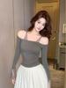 Women's Spicy French Sequin Patchwork Off-Shoulder Slim Fit Long Sleeve Top