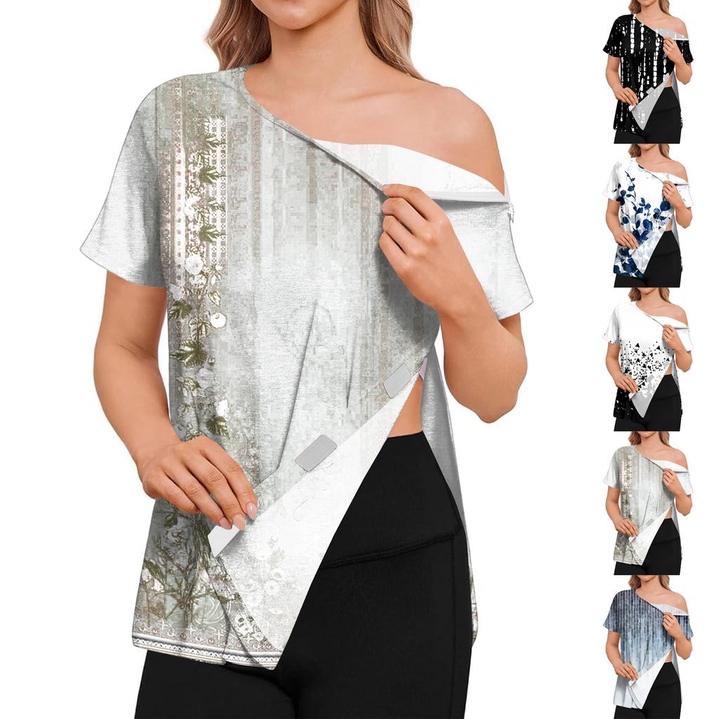 Women's Post-operative Short-sleeved Color Shirt With Shoulder Zipper And Side Closure.