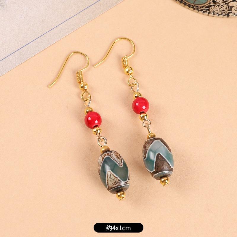Original design Tibetan nine-eye dzi bead agate earrings retro literary tiger tooth earrings Chinese earrings women